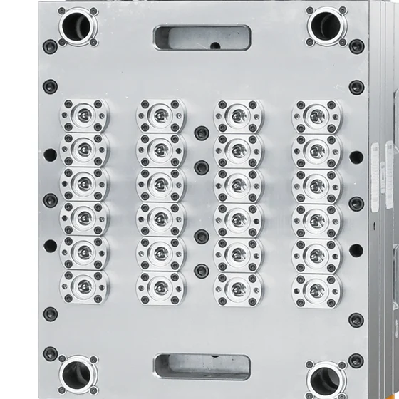 Cavity side of a 24-cavity PET preform mold