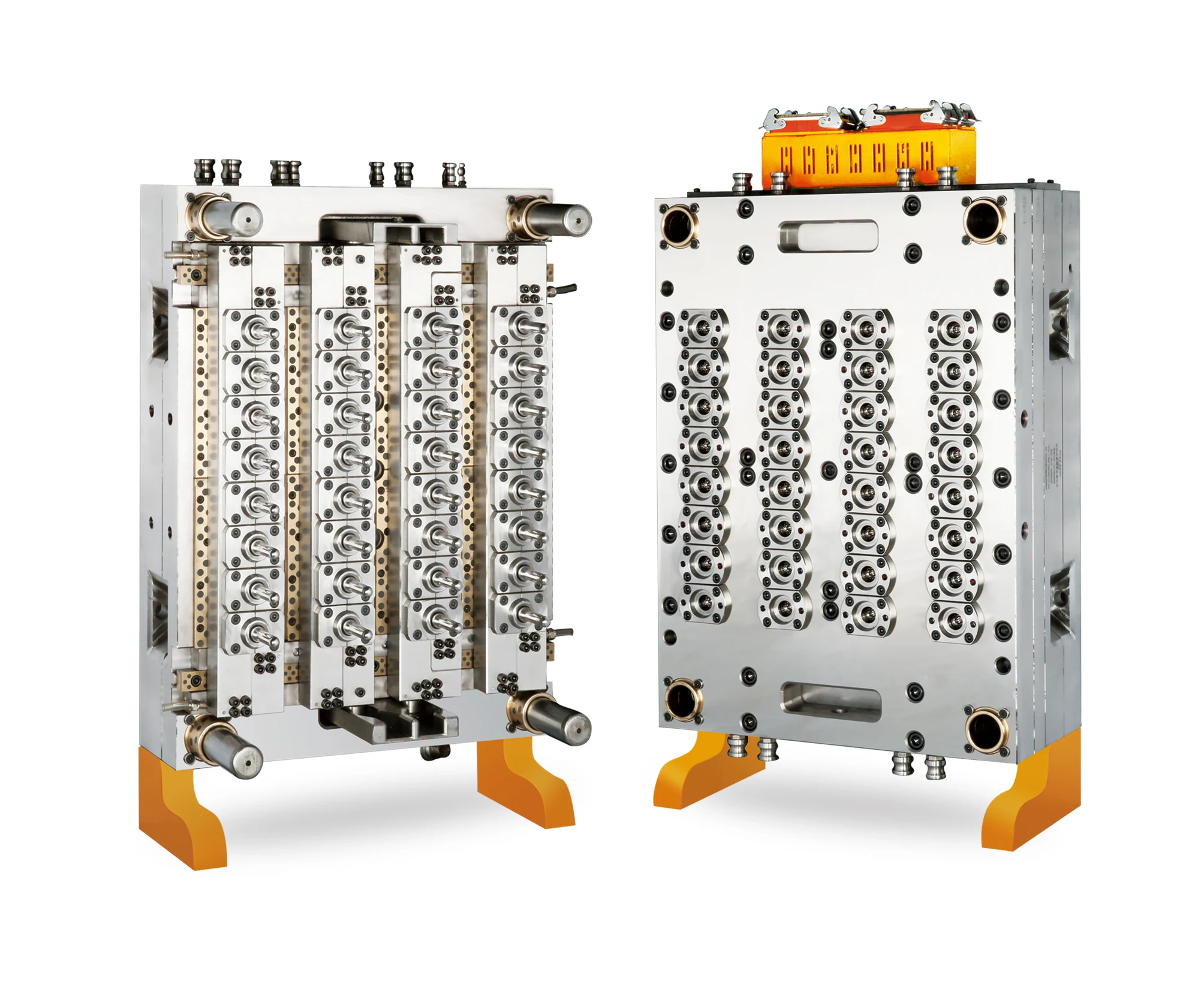 Open 32-cavity PET preform mold with a four-by-eight cavity layout